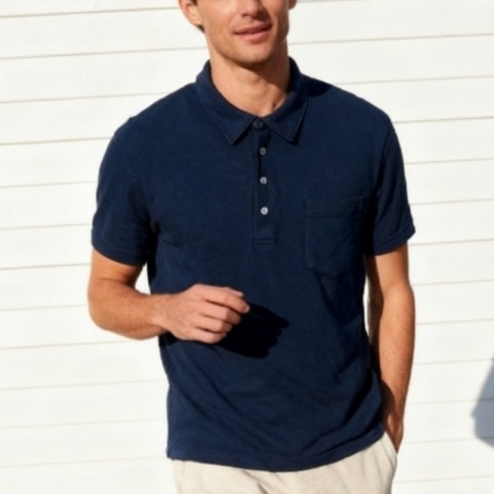 FRAME Denim Size L Men's Dark Navy Polo Shirt with Chest Pocket - 100% Cotton